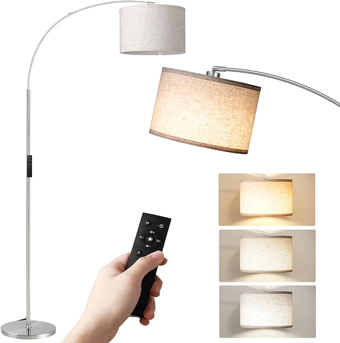 SUNMORY Arc Floor Lamp with Remote,Modern Floor Lamp with Stepless Dimmable Bulb,75″Height Tall Lamp for Living Room with Hanging Drum Shade and Weighted Base.Mid Century Standing Lamp for Bedroom. - LeafyLoom