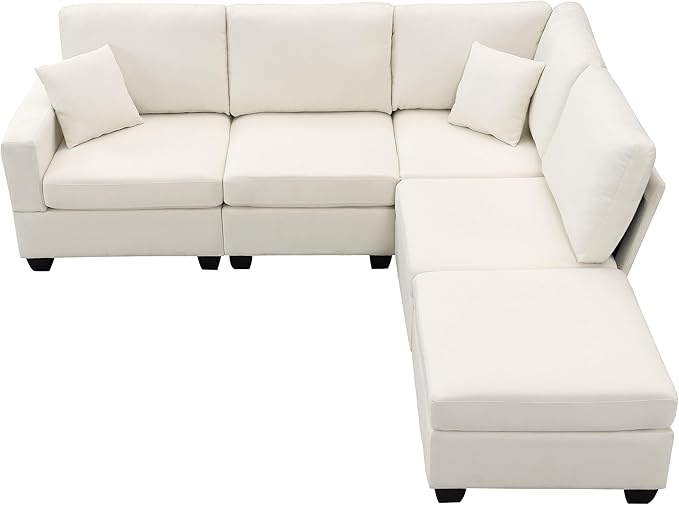 90" Sectional Couch, 5-Seat Modular Sectional Sofa with Convertible Ottoman, L-Shape Corner Sofa Set with 2 Pillows for Living Room, Apartment, Office - LeafyLoom