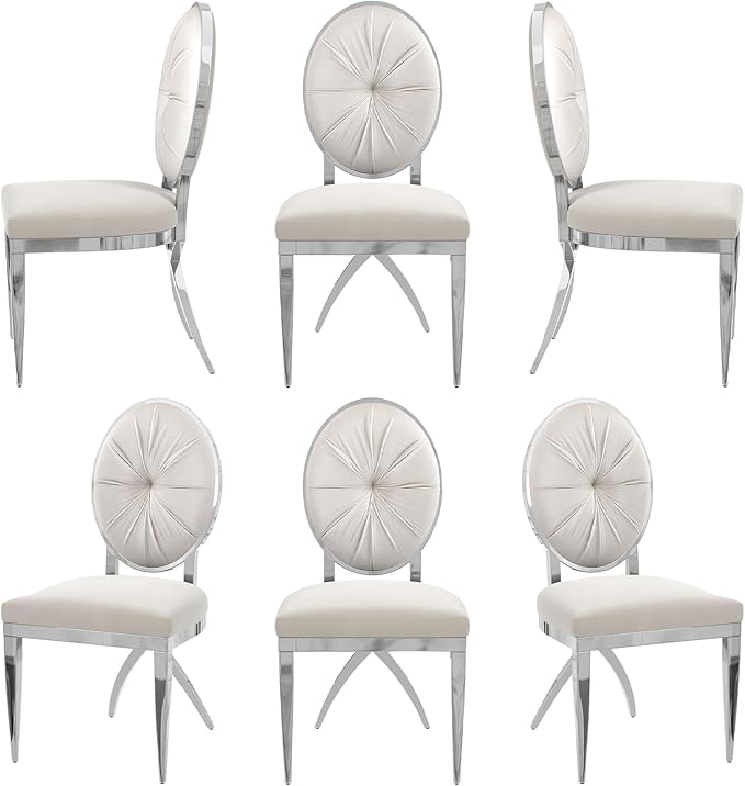 ACEDÉCOR Dining Chairs, White Velvet Dining Room Chairs with Silver Mirrored Legs, Glam White Kitchen Chairs for Dining Room, Kitchen, Living Room (Set of 6) - LeafyLoom