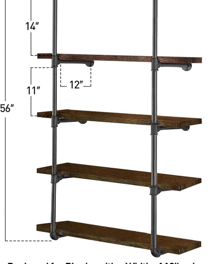 HITOMEN Industrial Iron Pipe Shelves, 2 Set 4-Tier, 56" Tall, 12" Depth, DIY Open Bookshelf Bookcase, Wall Mounted Vintage Retro Shelving, Rustic Farmhouse Pantry Kitchen Storage, Black Shelf Brackets - LeafyLoom
