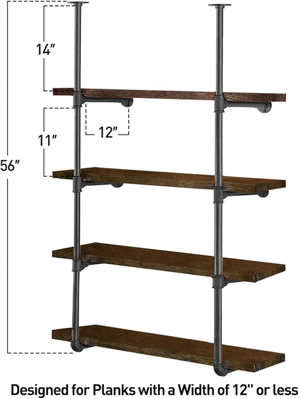 HITOMEN Industrial Iron Pipe Shelves, 2 Set 4-Tier, 56" Tall, 12" Depth, DIY Open Bookshelf Bookcase, Wall Mounted Vintage Retro Shelving, Rustic Farmhouse Pantry Kitchen Storage, Black Shelf Brackets - LeafyLoom