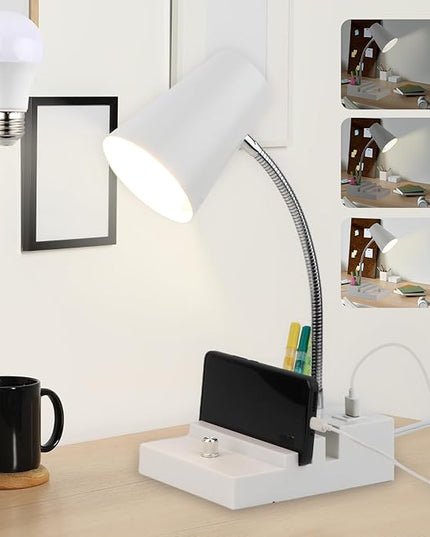 Study Desk Lamp with USB Charging and Type-C Night Light, Gooseneck LED Table Lamp Stepless Dimming Study Table Lamp with Pen Holder for College Dorm Bedroom and Office (White) - LeafyLoom