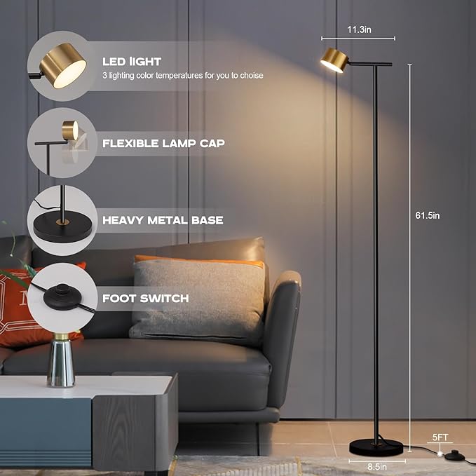 Floor Lamps for Living Room, 3 Color Temperatures Minimalist Floor Lamp with Flexible Lamp Cap,Modern Tall Floor Lamp for Bedroom, Foot Switch, Standing Reading Lamp for Office Working - LeafyLoom
