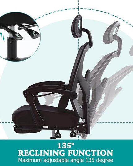 edx Ergonomic Office Chair, Reclining High Back Mesh Computer Desk Swivel Rolling Home Task Chair with Lumbar Support Pillow, Adjustable Headrest, Retractable Footrest and Padded Armrests, Black - LeafyLoom