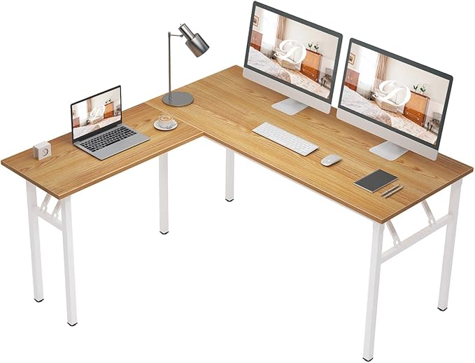 DlandHome Reversible L-Shaped Desk Large Corner Desk Folding Table Computer Desk Home Office Table Computer Workstation, ND11 (Teak + White) - LeafyLoom