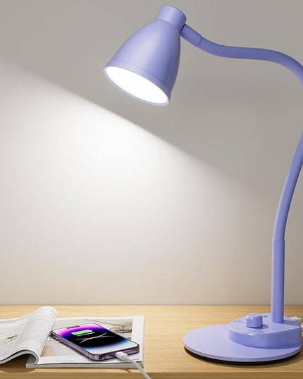 BOHON LED Desk Lamp with USB Charging Port, 3 Color Modes Fully Dimmable Reading Lamp, Auto Dimming Task Lamp, Flexible Gooseneck Table Light for Office Dorm Bedside, Adapter Include, Lilac Purple - LeafyLoom