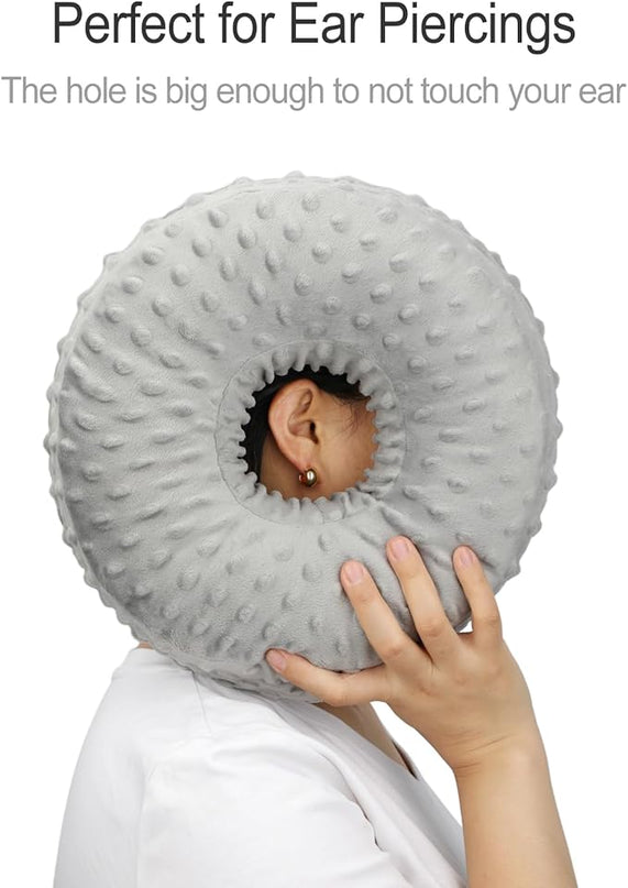 Washable Ear Piercing Pillow with Removable Pillowcase Donut Pillows Hole for Ear Pain Relief CNH Sleeping Pressure Sore Side Sleepers Ear Guard Protector, Minky Dot Gray Cover - LeafyLoom