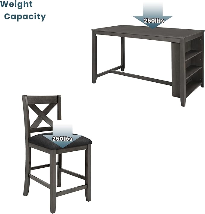 Farmhouse Style Counter Height Rustic 4 Chairs, Long-Lasting Solid Rubber Wooden Bar, Easy Assembly, Room, Kitchen, 5 Piece Dining Table Set, Gray 10 - LeafyLoom