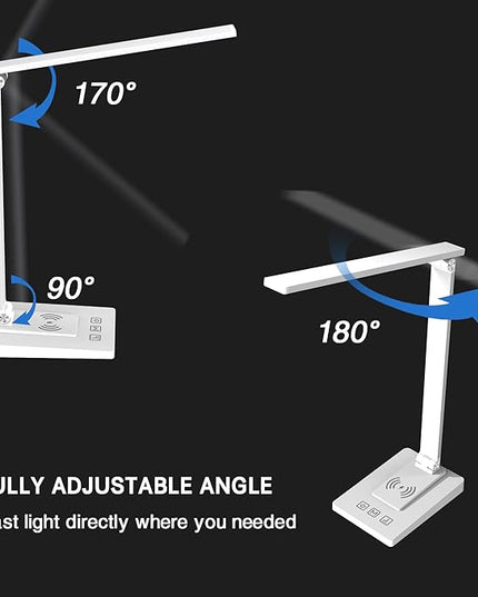 LED Desk Lamp with Wireless Charger and USB Charging Port,Desk Lamps for Home Office,Study Dimmable Table Lamp Desk Light,5 Colors Stepless Dimming,Eye-Caring Desk Lamp for College Dorm Room - LeafyLoom