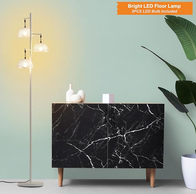 3 Lights White Floor Lamp for Living Room with 3 Metal Lampshade and LED Bulbs, Modern Tree Standing Lamp, Farmhouse Tall Lamp for Living Room, Bedroom, Office - LeafyLoom