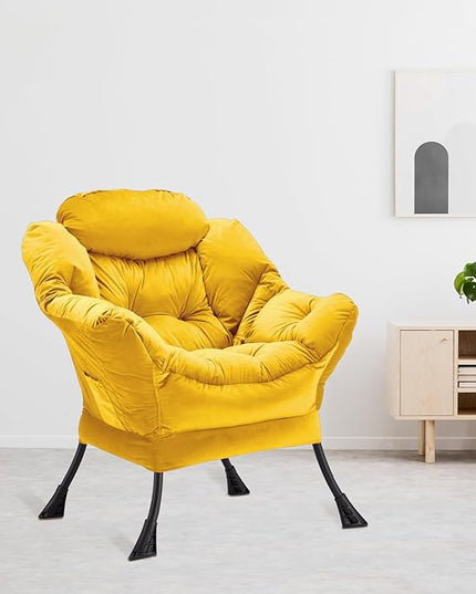 Lazy Chair Thick Padded, Accent Chair Velvet Upholstered with Wide Seat, Stable Metal Frame and Non-Slip Pad, Modern Sofa Armchair with Side Storage Bag for Dorm, Room, Office, Yellow - LeafyLoom