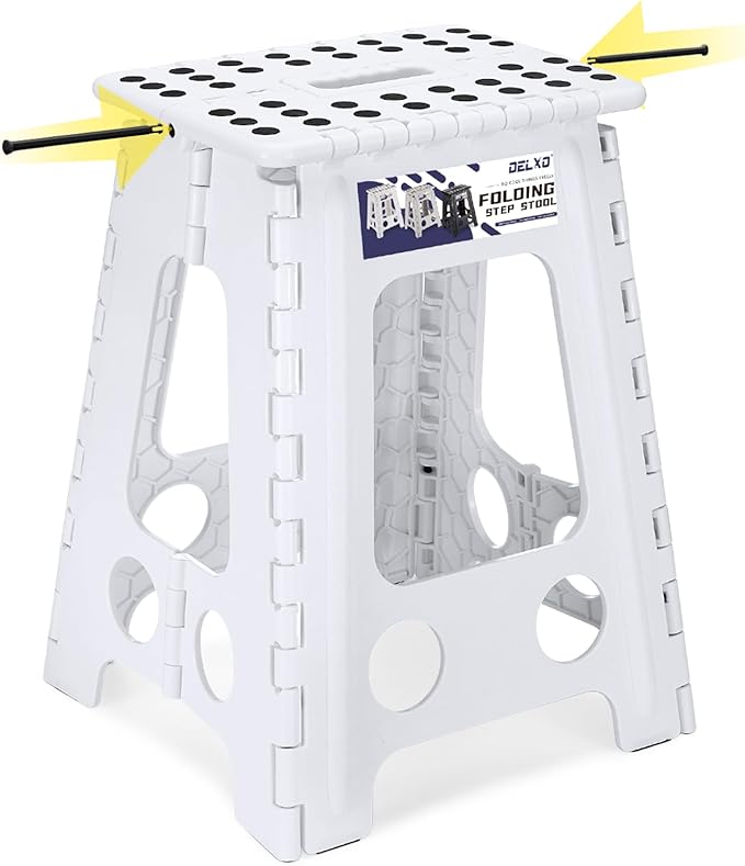 Delxo 17.5 Inch Folding Step Stool, Heavy Duty Foldable Stool for Adults,Premium Portable Collapsible Plastic Step Stool,Non Slip Folding Stools for Kitchen Bathroom Bedroom Up to 400LBS,(White 1PC) - LeafyLoom