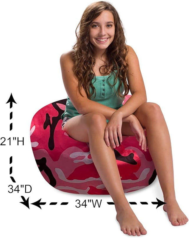 Posh Creations Structured Comfy Bean Bag Chair for Gaming, Reading and Watching TV, 100in Round Classic Chair, Nylon - Camo Pink and Black - LeafyLoom