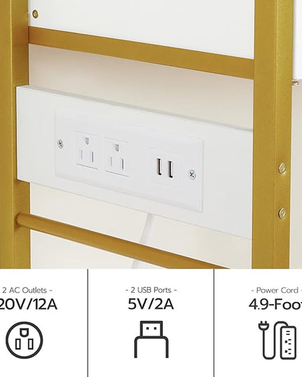 HOOBRO 5 Tier Bookcase, White and Gold Bookshelf with Drawer, Storage Shelves with Charging Station, Tempered Glass Bookshelf with Metal Frame, Open Display Shelves for Living Room, Gold DW65USJ01 - LeafyLoom