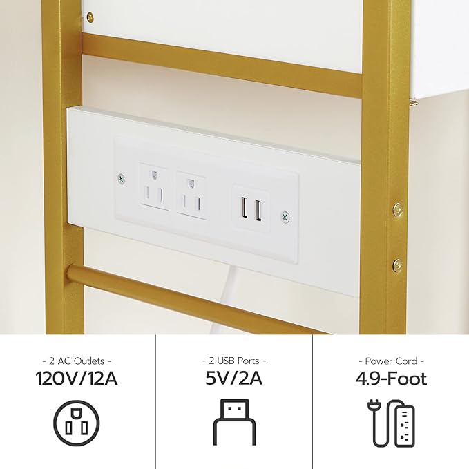 HOOBRO 5 Tier Bookcase, White and Gold Bookshelf with Drawer, Storage Shelves with Charging Station, Tempered Glass Bookshelf with Metal Frame, Open Display Shelves for Living Room, Gold DW65USJ01 - LeafyLoom