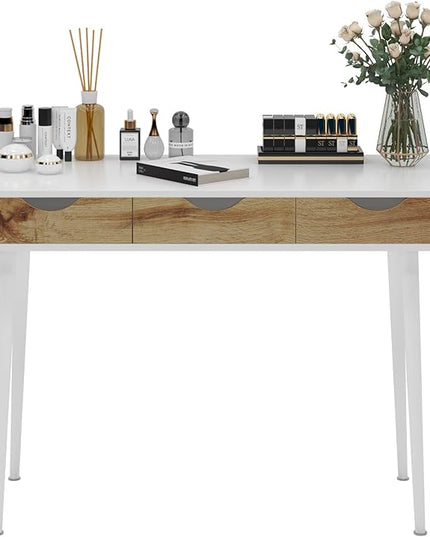 SogesHome 43.3 Computer Desk, Home Office Work Table with 3-Drawers, Gaming Working Writing Table, White&Teak - LeafyLoom