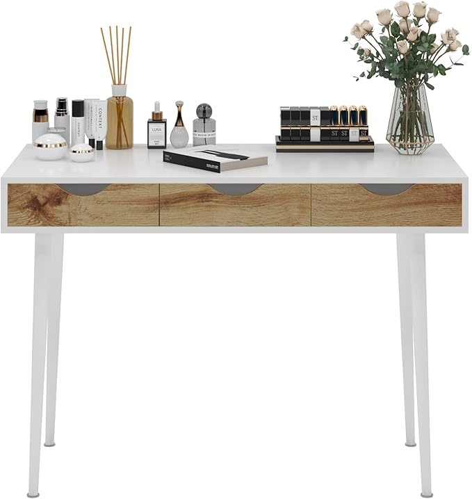 SogesHome 43.3 Computer Desk, Home Office Work Table with 3-Drawers, Gaming Working Writing Table, White&Teak - LeafyLoom