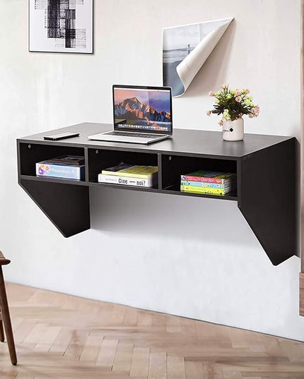 Computer Floating, Home Office Working, 42.5” Laptop Table Writing w/Storage Shelves, Modern Console Media Cabinet Wall Mounted Desk Hutch, Black - LeafyLoom