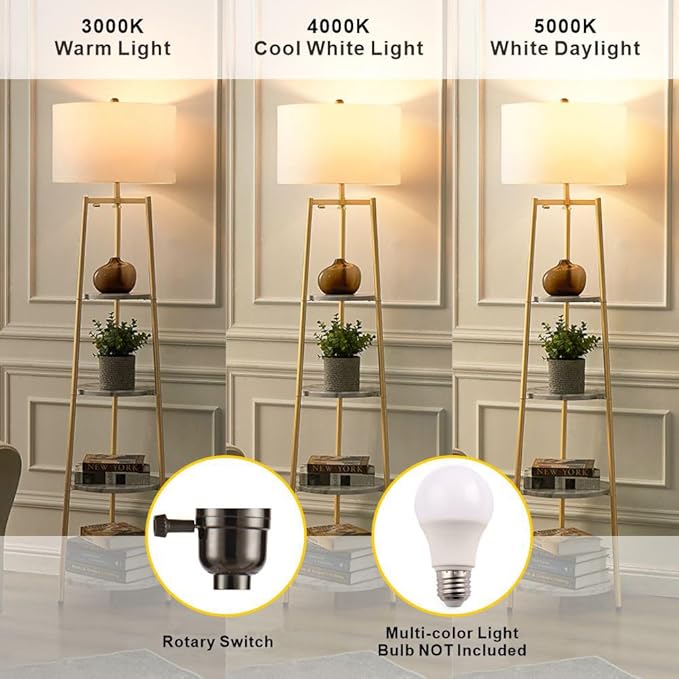 Floor Lamp, Standing Reading Light with Shelves and Fabric Shade, Modern Tall Pole Lamp, Accent Furniture Décor Lighting for Living Room, Bedrooms (Gold, 4-Tier) - LeafyLoom