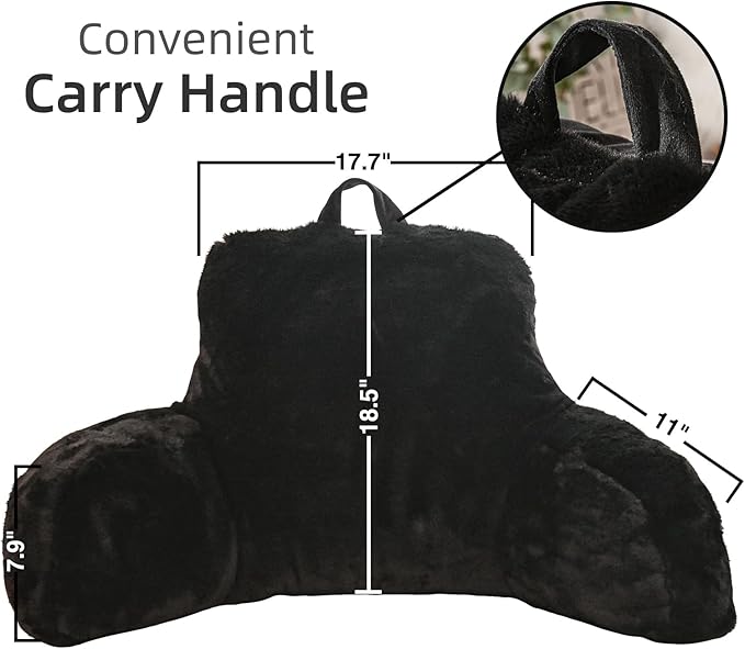 A Nice Night Faux Fur Reading Pillow Bed Wedge Large Adult Children Backrest with Arms Back Support for Sitting Up in Bed/Couch for Bedrest,Black,Large - LeafyLoom