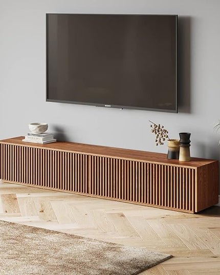 POVISON Mid Century Modern TV Stand, Solid Wood Media Console for 75+ inch TV, Full Assembled Farmhouse Entertainment Center with Storage for Living Room, Low Cabinet with Removable Shelves - LeafyLoom