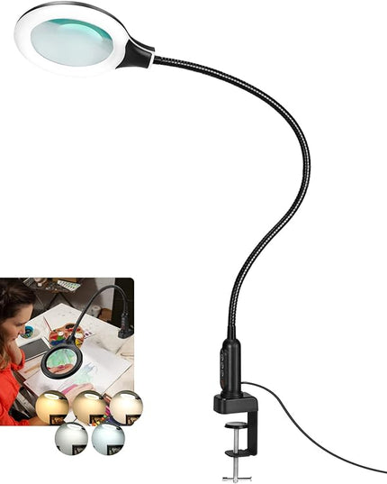 26" Gooseneck Magnifying Lamp with Clamp, 5 Color Modes Stepless Dimmable LED Desk Light with Magnifying Glass, 10X Real Glass Lighted Magnifier Hands Free for Painting Close Work Craft Hobby - LeafyLoom