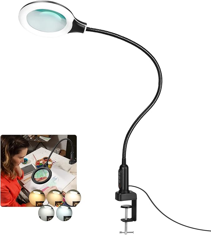 26" Gooseneck Magnifying Lamp with Clamp, 5 Color Modes Stepless Dimmable LED Desk Light with Magnifying Glass, 10X Real Glass Lighted Magnifier Hands Free for Painting Close Work Craft Hobby - LeafyLoom