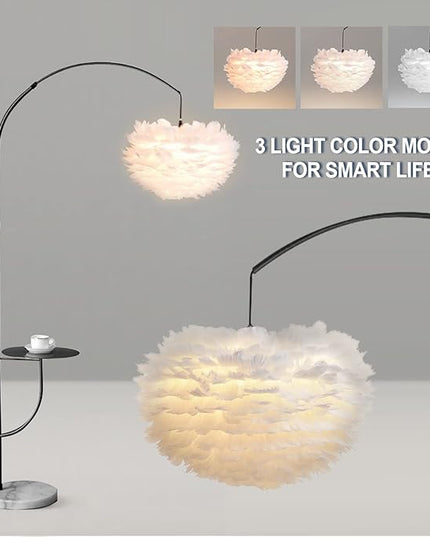 White Feather Floor Lamp with Table, Great Floor Light Height Adjustable (Black) - LeafyLoom
