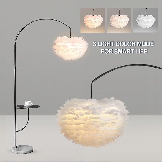 White Feather Floor Lamp with Table, Great Floor Light Height Adjustable (Black) - LeafyLoom