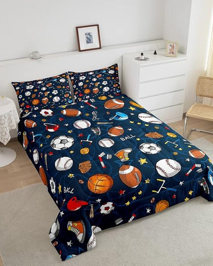 Feelyou Sports Theme Comforter Set 3D Blue Ball Bedding Set Baseball Football Basketball Comforter for Children Kids Boys Girls Microfiber Competitive Games Duvet Set Room Decor Quilt Set Queen Size - LeafyLoom