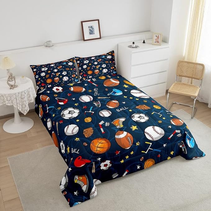 Feelyou Sports Theme Comforter Set 3D Blue Ball Bedding Set Baseball Football Basketball Comforter for Children Kids Boys Girls Microfiber Competitive Games Duvet Set Room Decor Quilt Set Queen Size - LeafyLoom