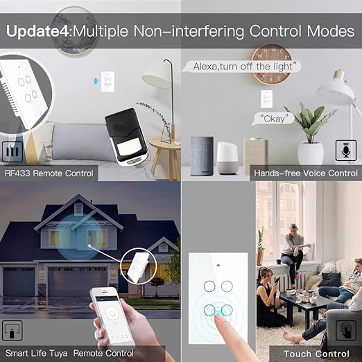 MOES 2.4GHz WiFi Wall Touch Smart Switch Neutral Wire Required, 3 Way Multi-Control, Glass Panel Light Switch Work with Smart Life/Tuya App, RF433 Remote Control, Alexa and Google Home White 4 Gang MOES
