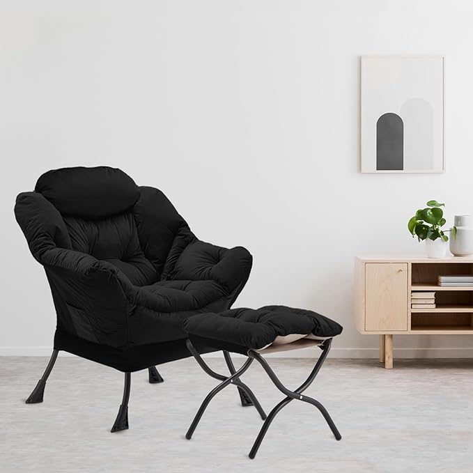 Lazy Chair with Folding Ottoman, Accent Chair Velvet Upholstered with Metal Structure and Non-Slip Pads, Sofa Armchair with Footrest and Side Storage Bag for Dorm, Room, Office, Black - LeafyLoom