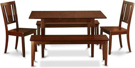 East West Furniture Norfolk 5 Piece Set includes a Rectangle Dining Room Table with Butterfly Leaf and 2 Kitchen Chairs with 2 Benches, 32x54 Inch, NODU5C-MAH-W - LeafyLoom
