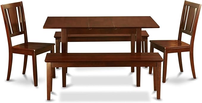 East West Furniture Norfolk 5 Piece Set includes a Rectangle Dining Room Table with Butterfly Leaf and 2 Kitchen Chairs with 2 Benches, 32x54 Inch, NODU5C-MAH-W - LeafyLoom
