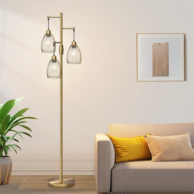 Dimmable Floor Lamp, 3 x 800LM LED Edison Bulbs Included, Farmhouse Industrial Floor Lamp Standing Tree Lamp with Elegant Teardrop Cage Tall Lamps for Living Room Bedroom Office Dining Room-Brass - LeafyLoom