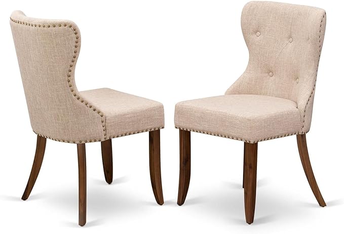 East West Furniture SIP8T04 Sion Parsons Dining Button Tufted Nailhead Trim Light Tan Linen Fabric Upholstered Chairs, Set of 2, Walnut - LeafyLoom