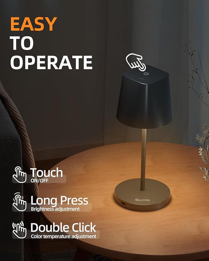 Quntis Cordless Small Table Lamp, Battery Powered Lamp Rechargeable Touch LED Desk Lamp with Dimmer for Restaurant/Bedroom/Bars/Outdoor Party/Camping/Coffee Shop Night Light, Carbon Black - LeafyLoom