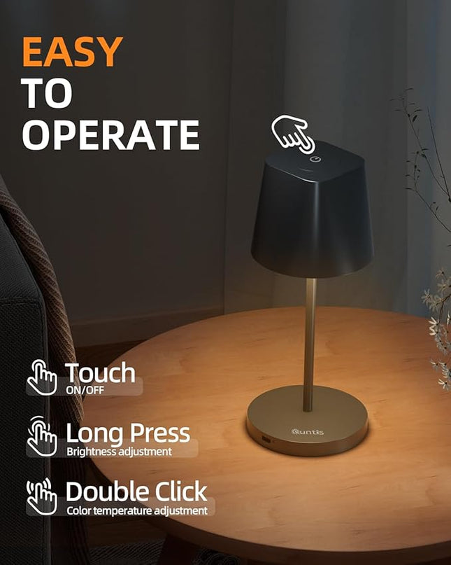 Quntis Cordless Small Table Lamp, Battery Powered Lamp Rechargeable Touch LED Desk Lamp with Dimmer for Restaurant/Bedroom/Bars/Outdoor Party/Camping/Coffee Shop Night Light, Carbon Black - LeafyLoom