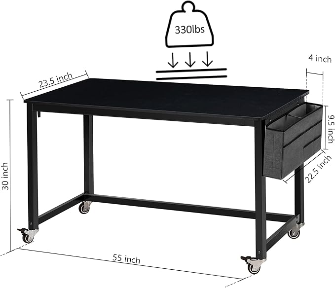 AHB 55" Rolling Computer Desk with 4 Smooth Wheels, Simple Style Mobile Writing Desk Home Office Study Table Movable Workstation with Metal Frame - LeafyLoom