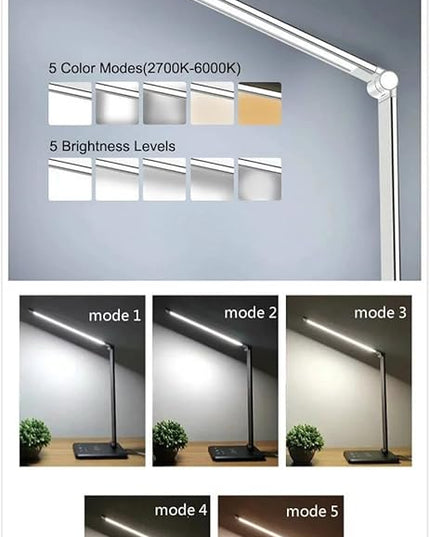 LED Desk Lamp Table Lamp Touch Control, 5 Color Temperature, Stepless Dimming, 30/60 Minutes Auto-Off Timer, Charger for USB, All Reading Room - LeafyLoom