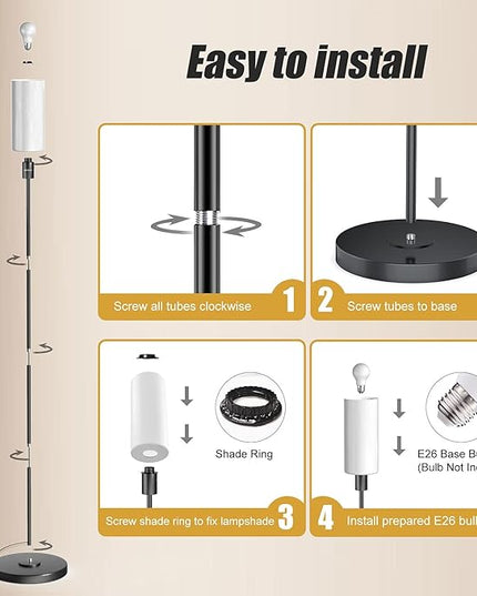 Floor Lamp for Living Room, Glass Lampshade Modern Standing Floor Lamp, 68 Inches Tall with E26 Socket for Office, Bedroom, Reading or Work - Black with White Lampshade, Bulb Not Included - LeafyLoom