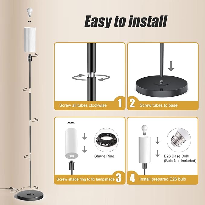 Floor Lamp for Living Room, Glass Lampshade Modern Standing Floor Lamp, 68 Inches Tall with E26 Socket for Office, Bedroom, Reading or Work - Black with White Lampshade, Bulb Not Included - LeafyLoom