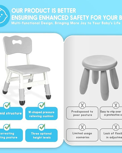 Kids Chair Height Adjustable Toddler Chair Max Load 220LBS Plastic Indoor Outdoor Chair for Children Age 1-6 School Home Daycare Use Grey - LeafyLoom