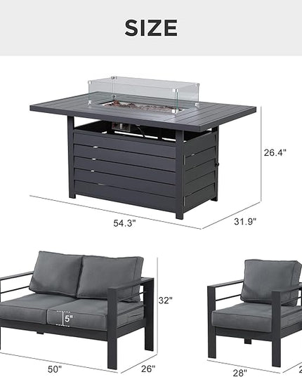 Wisteria Lane Aluminum Patio Furniture Set, 4 Piece Metal Outdoor Sofa Set with 54-INCH CSA Certified Propane Gas Fire Pit Table(Dark Grey) - LeafyLoom