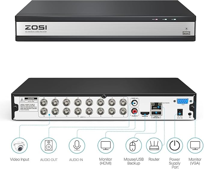 ZOSI H.265+ 16Channel 1080P 4-in-1 Hybrid Analog/AHD/TVI/CVI Security DVR Recorder for 960H/720P/1080P CCTV Security Surveillance Cameras,Remote Access, Motion Detection, Alert Push(No Hard Drive) ZOSI
