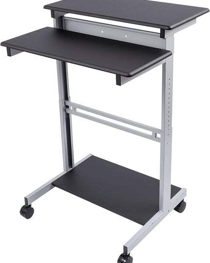 S STAND UP DESK STORE Rolling Adjustable Height Two Tier Standing Desk Computer Workstation (Silver Frame/Black Top, 32 Wide) - LeafyLoom