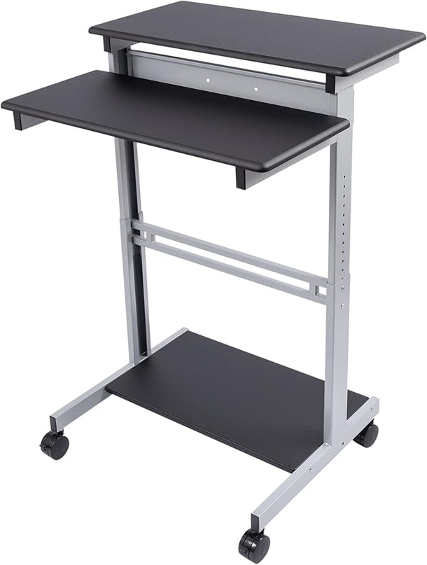 S STAND UP DESK STORE Rolling Adjustable Height Two Tier Standing Desk Computer Workstation (Silver Frame/Black Top, 32 Wide) - LeafyLoom