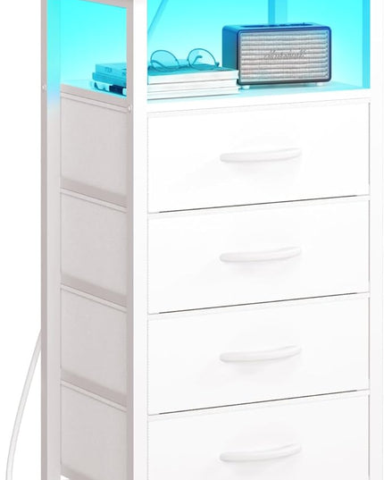 Yoobure LED Nightstand with Charging Station, Tall Dressers for Bedroom, White Night Stand with 4 Storage Drawers, Bedside Table for Closet, Fabric Side Table, End Table in Living Room - LeafyLoom