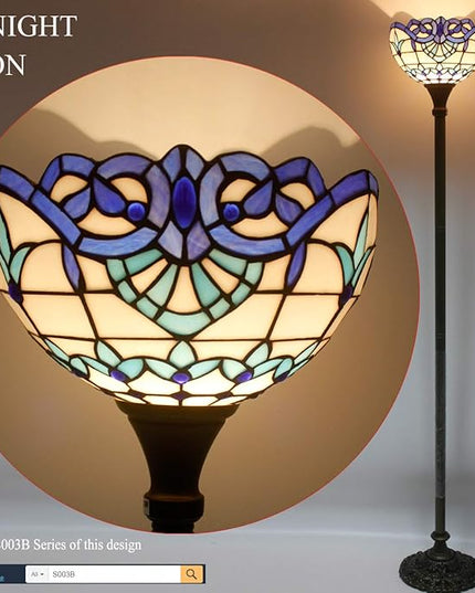 WERFACTORY Tiffany Floor Lamp Navy Blue Baroque Stained Glass Light 12X12X66 Inches Pole Torchiere Standing Corner Torch Uplight Decor Bedroom Living Room Home Office S003B Series - LeafyLoom